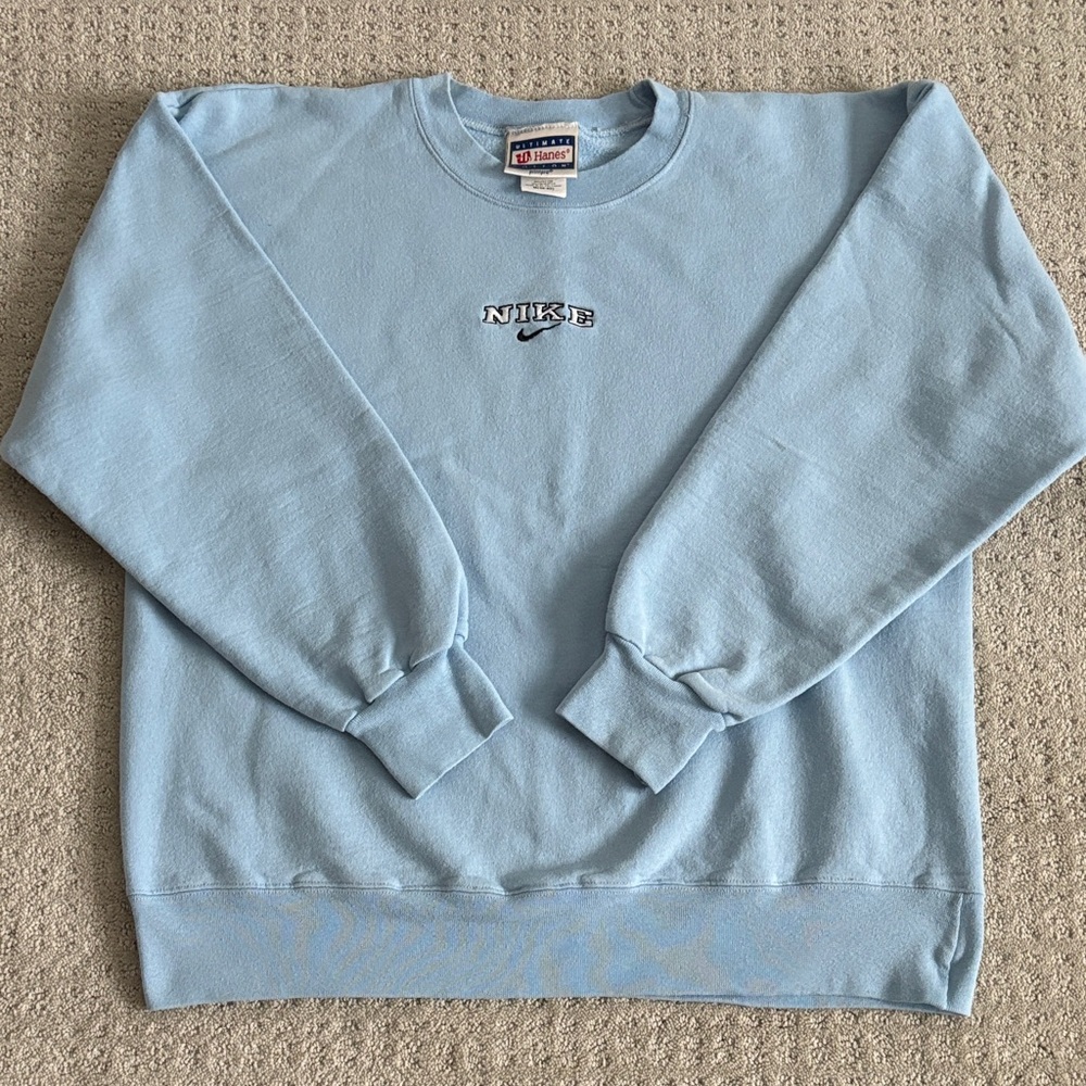 Nike Logo Stitched Light Blue Crewneck Hanes Sweatshirt Unisex Size Medium